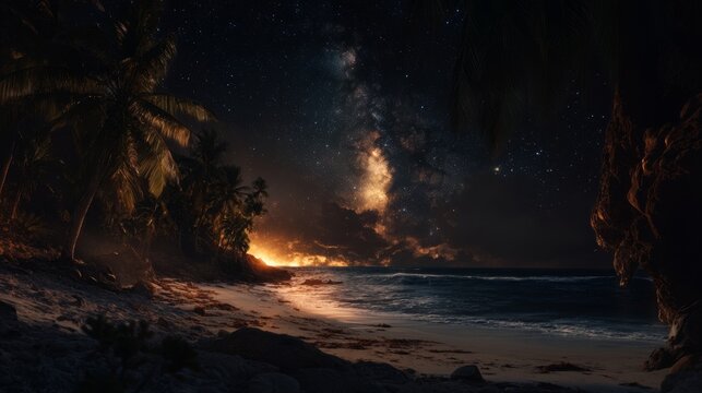 Surreal beach scene at night, milky way