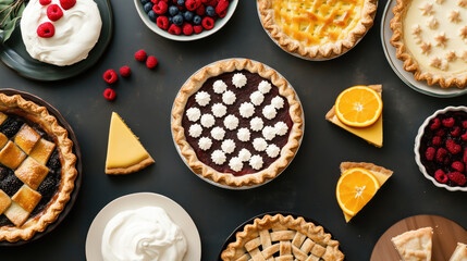 Pi Day Celebration Table, A lively Pi Day party table setup with pies of different flavors, and blank chalkboard signs.