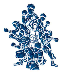 Silhouette Group of Boxer Fighter Boxing Sport Mix Kickboxing Action Muay Thai Cartoon Graphic Vector