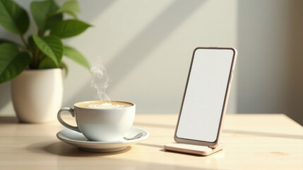 Obraz premium Serene morning ambiance featuring a steaming cup of coffee and a blank phone screen on a minimalist wooden table