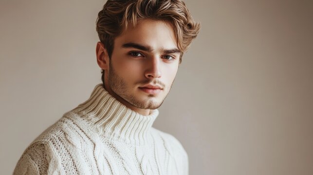 Young handome man in white sweatshirt over gray background 