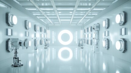 Satellite assembly in an aerospace cleanroom. Featuring robotic systems assembling satellite components