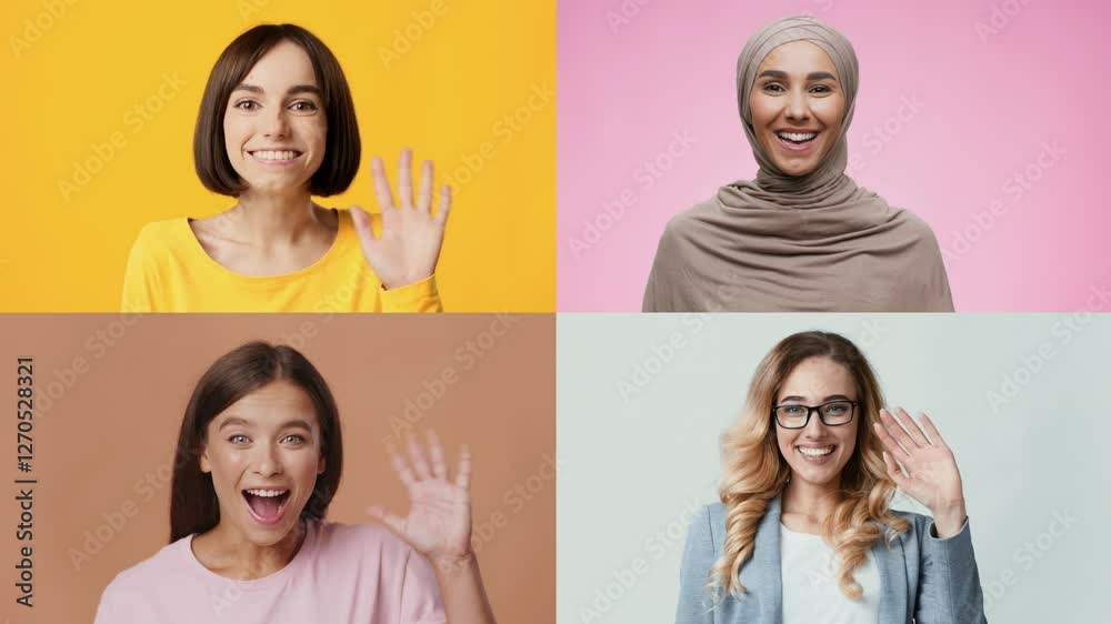 Poster four cheerful individuals from various backgrounds are smiling and waving in a vibrant, colorful col