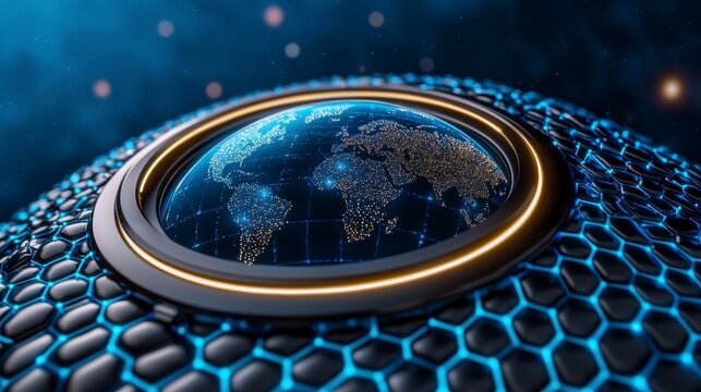 Globe with a gold ring and hexagonal scanner frame processing digital data in a modern technology setting