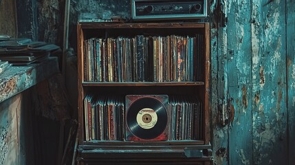 Vintage Record Player and Vinyl Collection in Rustic Setting