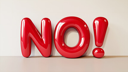 Bold red 3D "NO!" text with glossy finish on a neutral background, symbolizing rejection and denial.
