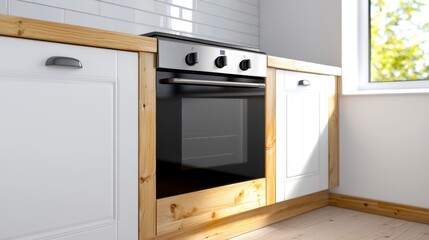 Fototapeta premium Modern white kitchen interior featuring wooden cabinets and a wood stove with a large window for natural light