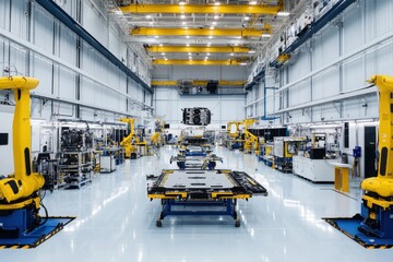 Satellite assembly in an aerospace facility. Featuring advanced robotic systems and satellite components