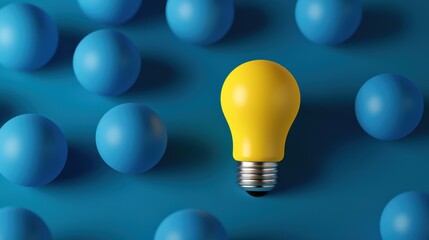 Bright yellow light bulb among blue spheres on a teal background