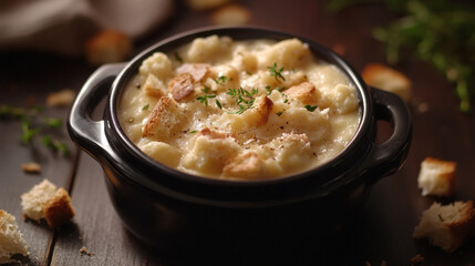 Creamy cauliflower soup in black bowl with croutons and herbs, evoking warmth and comfort. Perfect for cozy meal or gathering