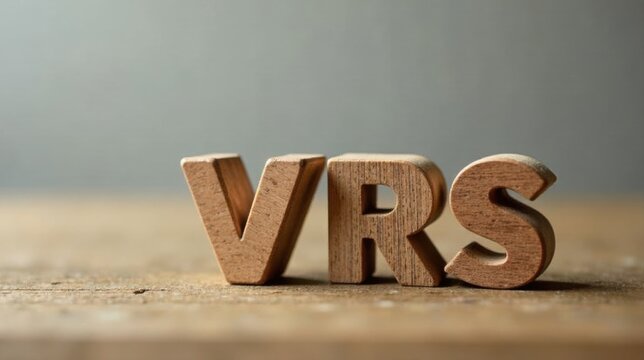 Wooden letters spelling VRS on a rustic surface
