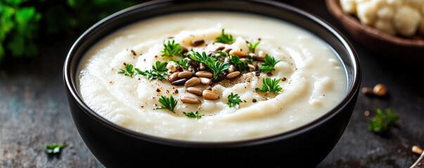 Creamy cauliflower soup garnished with seeds and herbs in black bowl, evoking warmth and comfort. Perfect for cozy meal or gathering