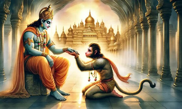 Divine encounter rama and hanuman mythical scene ancient temple spiritual atmosphere close view