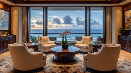 Fototapeta premium Modern living room interior with swivel chairs and coffee table, opposite window overlooking the sea. Details of the decor in a luxury home. Decor background. 