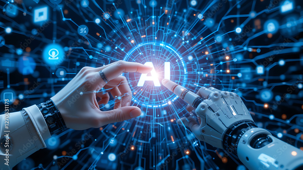 Leinwandbilder ai, machine learning, hands of robot and human touching on big data network connection background, s
