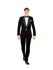 Elegant businessman wearing formal tuxedo and bow tie for evening celebration, event. Groom, wedding guest. Handsome male character vector realistic illustration isolated