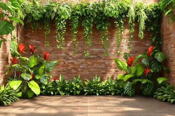 Obraz premium Tropical plants frame brick wall backdrop