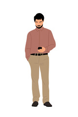 Business man standing with mobile phone. Handsome man in smart casual office outfit holding smartphone, texting, talking, chatting. Vector realistic illustration isolated