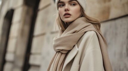Naklejka premium Sensual stylish Details of everyday look. Model wearing casual beige outfit. Beret and scarf. Trendy minimalistic style. Total Beige aesthetics. Fashion look book. Warm Fall Winter seasons