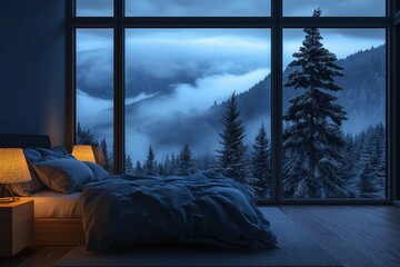 Serene winter bedroom view mountains interior design cozy atmosphere nighttime tranquility