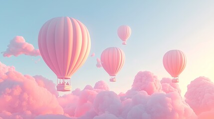 Dreamy Scene of Hot Air Balloons Floating in Pink Clouds