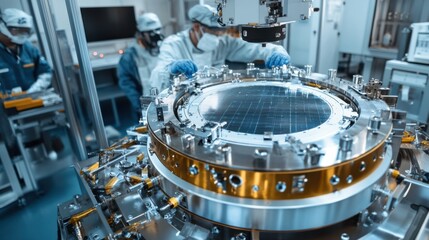 Satellite assembly in an aerospace laboratory. Featuring engineers working on a satellite for exploration purposes