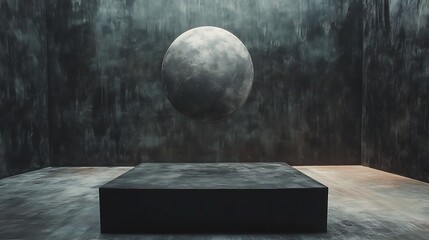Dark room, concrete pedestal, levitating sphere.