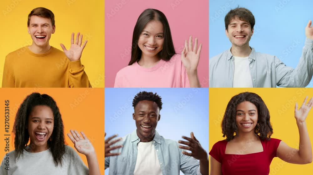 Poster a collage featuring multiracial individuals waving hello with happy expressions. each person showcas