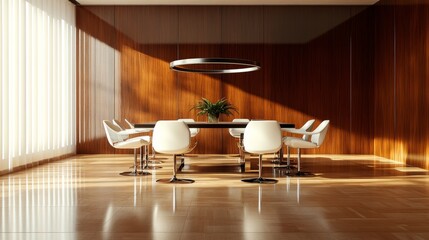 Contemporary dining room with frame mock up on the wall. Design 3d rendering of brown wood veneer images. Design print for illustration, presentation, mock up, interior, cover, background. Set 14