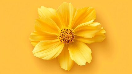 Obraz premium Bright yellow cosmos flower on vibrant yellow background, showcasing its delicate petals and intricate center