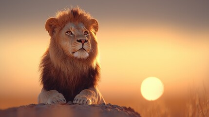 Majestic lion gazing at sunset serengeti national park wildlife photography natural habitat side view serenity