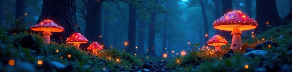 Fototapeta premium Forest at night, glowing mushrooms and fireflies, serene, abstract, glow