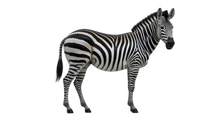 Fototapeta premium Full shot of a zebra, standing in a neutral pose. The zebra's coat features distinctive black and white vertical stripes, covering its body, legs, and head. The stripes exhibit a complex pattern, 
