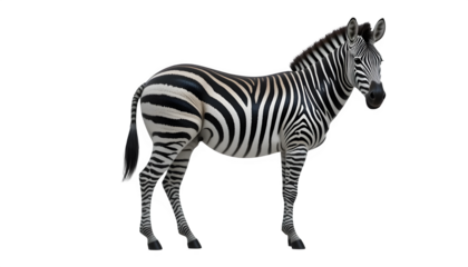 Full shot of a zebra, standing in a neutral pose.  The zebra's coat features distinctive black and white vertical stripes, covering its body, legs, and head.  The stripes exhibit a complex pattern, 