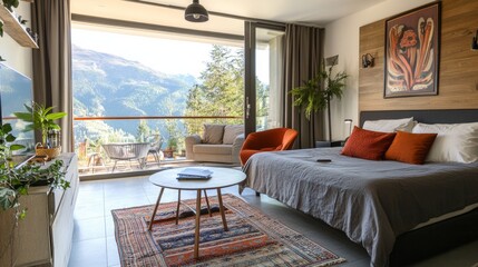 Stylish interior design of the studio apartment. Modern furniture. Amazing panoramic view from the windows.