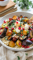 Fototapeta premium Vibrant couscous salad with roasted vegetables and pomegranate, perfect for healthy dining