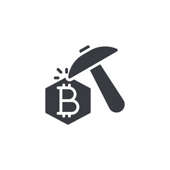A pickaxe striking a Bitcoin coin vector icon