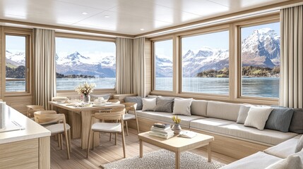 Scenic mountain retreat living space lakefront interior design cozy bright inviting atmosphere