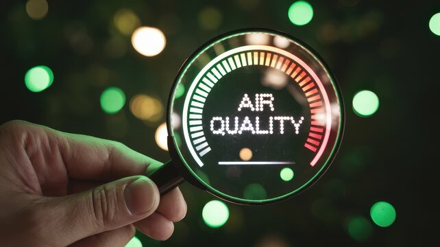 Hand holds magnifying glass over air quality meter display