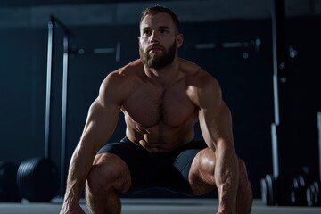 Fototapeta premium Weightlifting action by muscular athlete in gym strength training environment dynamic perspective fitness concept
