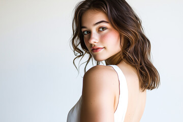 Fototapeta premium An Attractive Woman with Brown Hair, Wearing a White Dress and Looking Over Her Shoulder