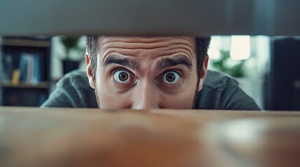 Scared Man Hiding Behind Office Desk, 