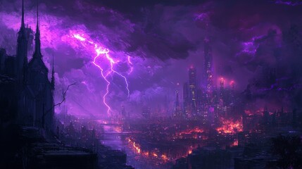 Obraz premium Lightning storm over city in purple light