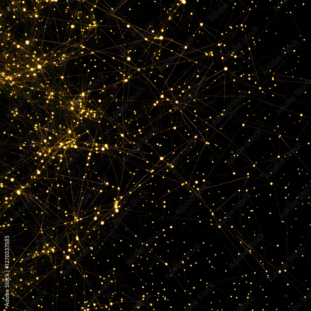Poster abstract digital network of golden nodes and interconnecting lines on a dark background