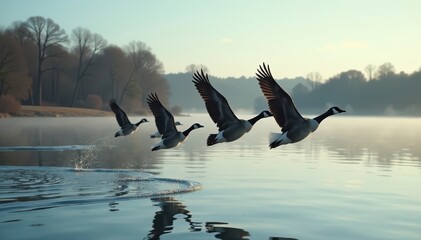 Fototapeta premium A flock of geese flying in formation over a lake, geese, landscape