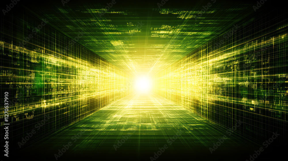 Poster abstract dimensional grid tunnel of light and data stream, visualizing digital information flow