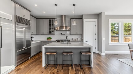 Classic minimal gray kitchen with parquet floor, modern interior design, 3d illustration
