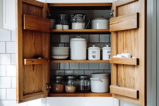 Interior view of a wooden kitchen cabinet showcasing neatly organized dishes and jars with various contents