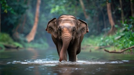 Fototapeta premium Elephant walking through water jungle wildlife photography lush environment close-up conservation awareness