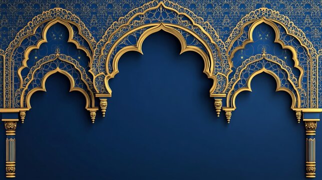 A sophisticated art deco architectural border with intricate gold filigree on deep navy, perfect for Ramadan and Eid celebrations, elegant invitations, or decorative events.